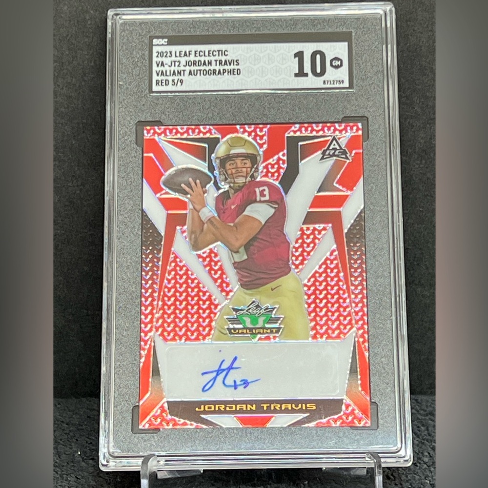 2023 Leaf Eclectic Valiant Red Prismatic 5/9 Jordan Travis #VA-JT2 Auto